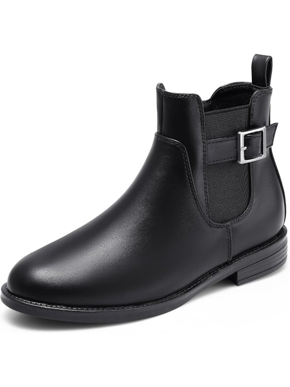 Women's 01-Black Leather Chelsea Ankle Boots Side Elastic Zip Casual Booties